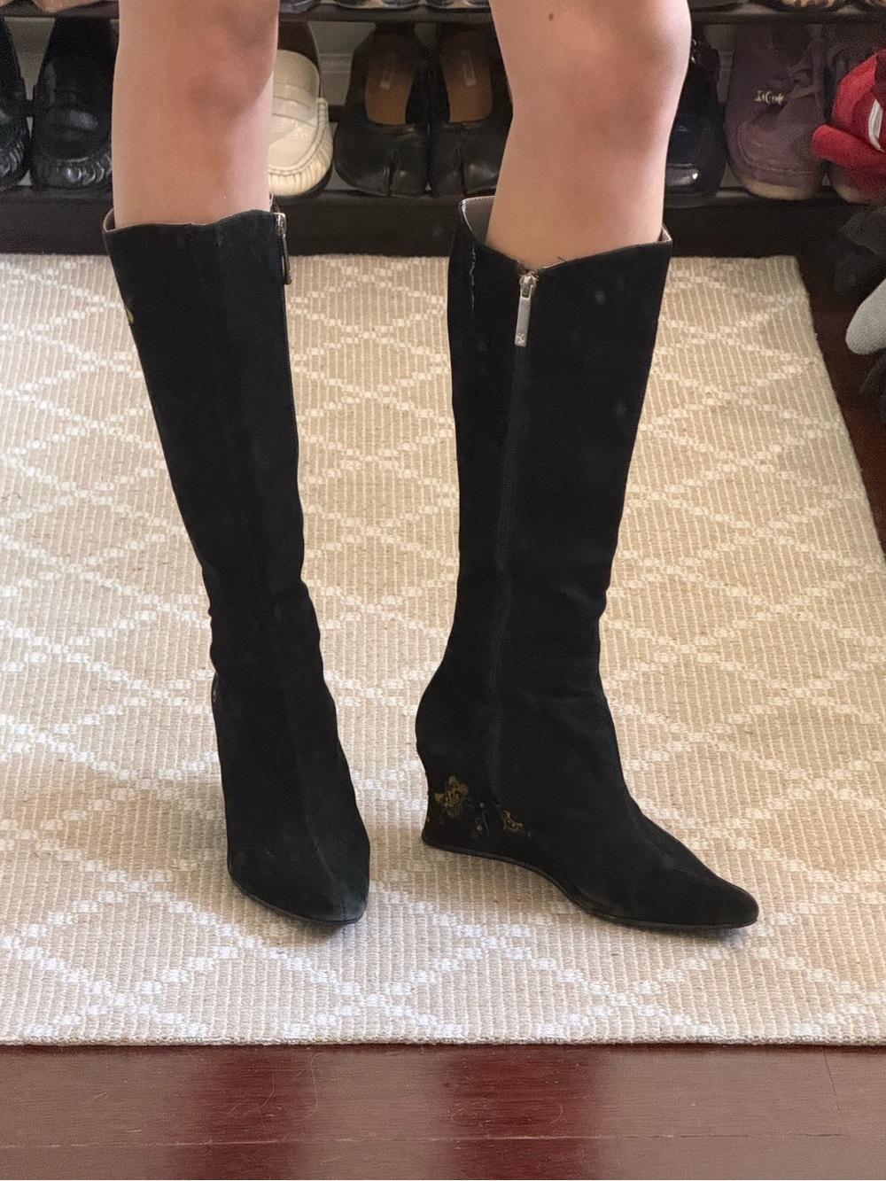 Donald Pliner Black Suede Embroidered Pointed-Toe Knee High Wedge Boots - Picture 4 of 7